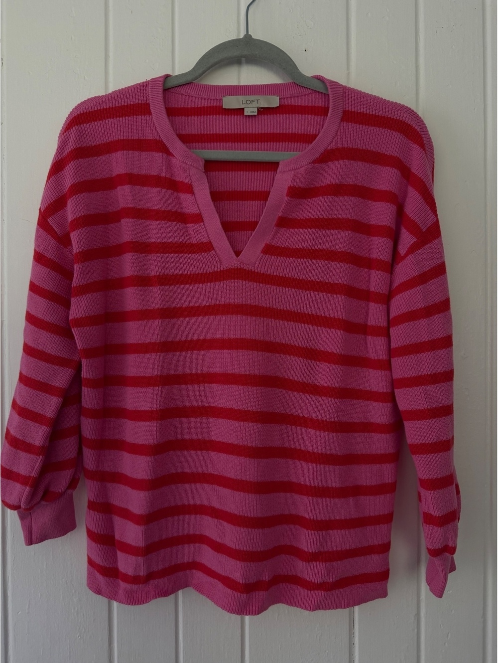 LOFT Women's Small Pink and Red Striped Cotton Sweater V-Neck Long Sleeve